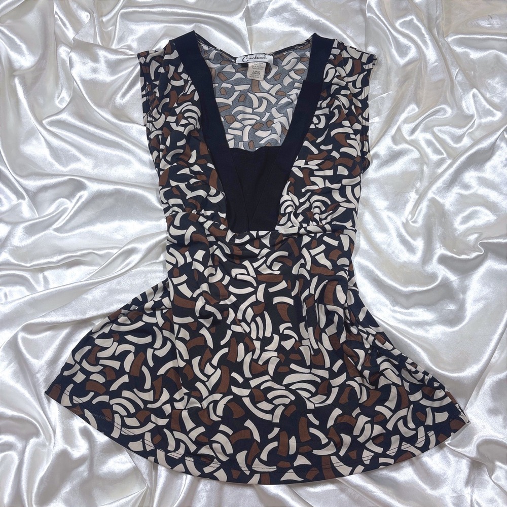 y2k Carducci Sleeveless Top Black Brown Excellent Geometric V-Neck Empire Waist